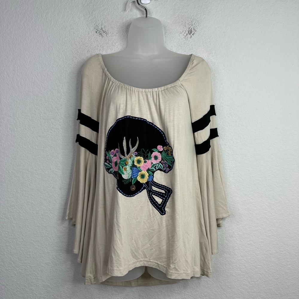 Judith March Shirt Women M Beige Embroidered Off-Shoulder Football‎ Boho Hippie
